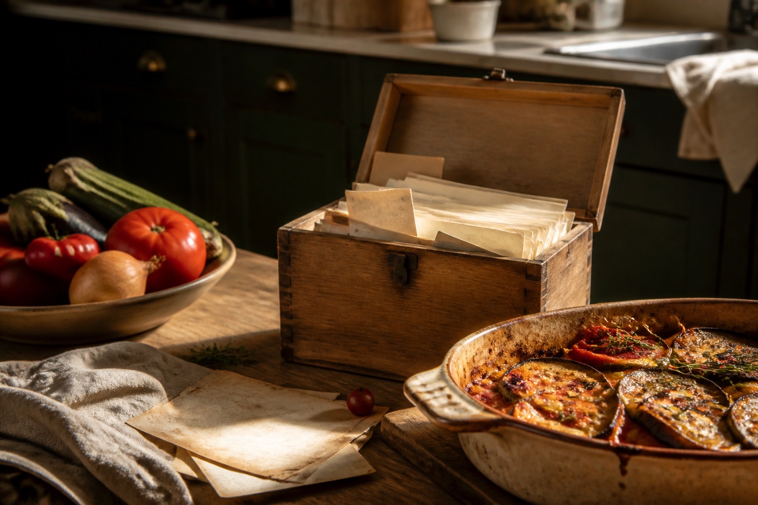 An open wooden recipe box beside vegetables and a baked family meal