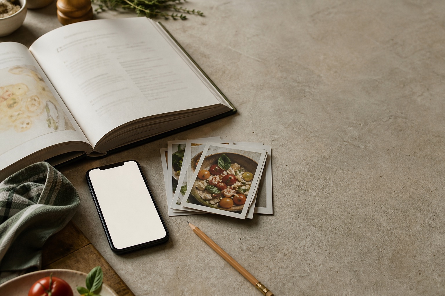 A cookbook, phone, and recipe photographs on a kitchen counter